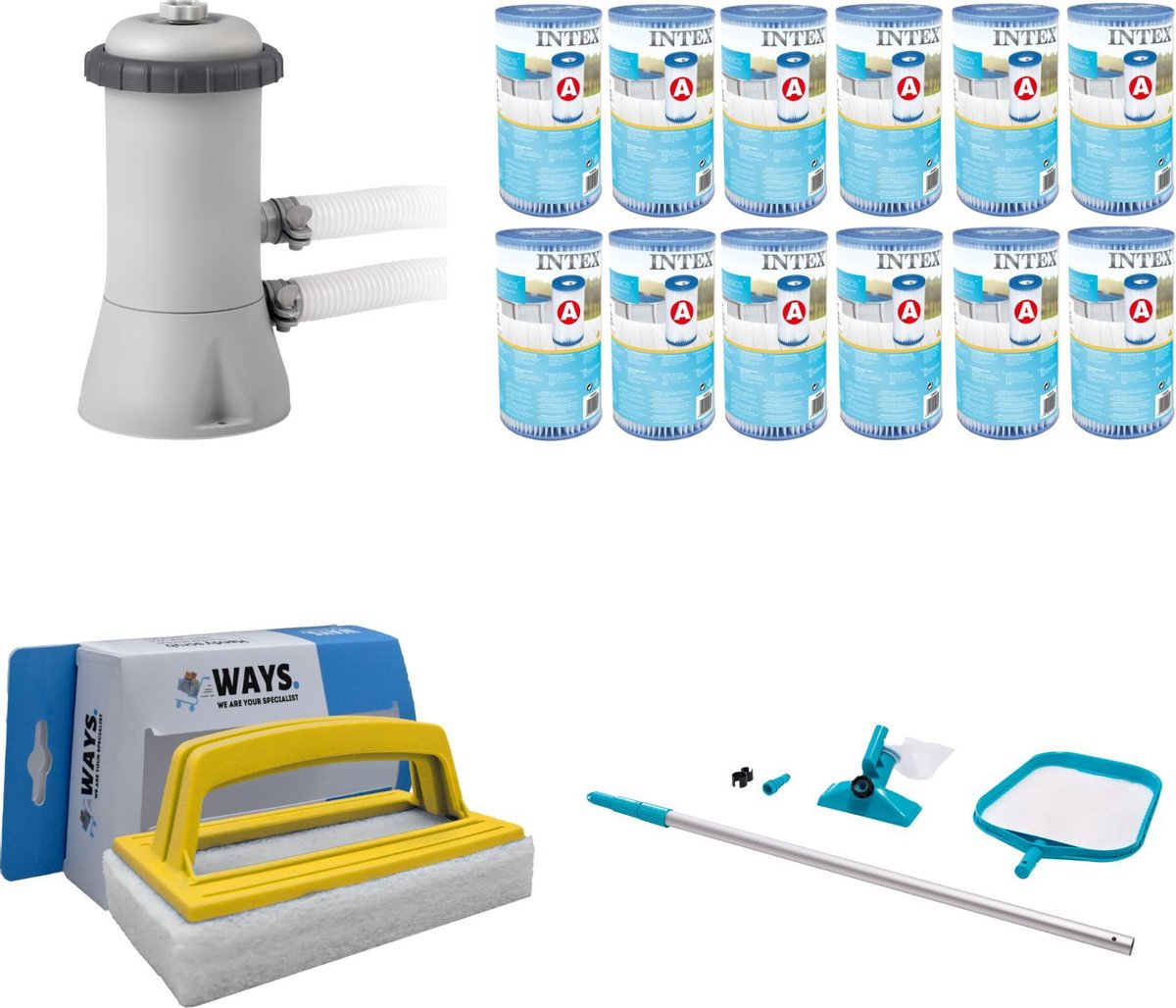 WAYS - Zwembad Onderhoud -   Onderhoudsset &   Filterpomp 28604GS & 12   Filters Type A & WAYS Handy Scrubborstel