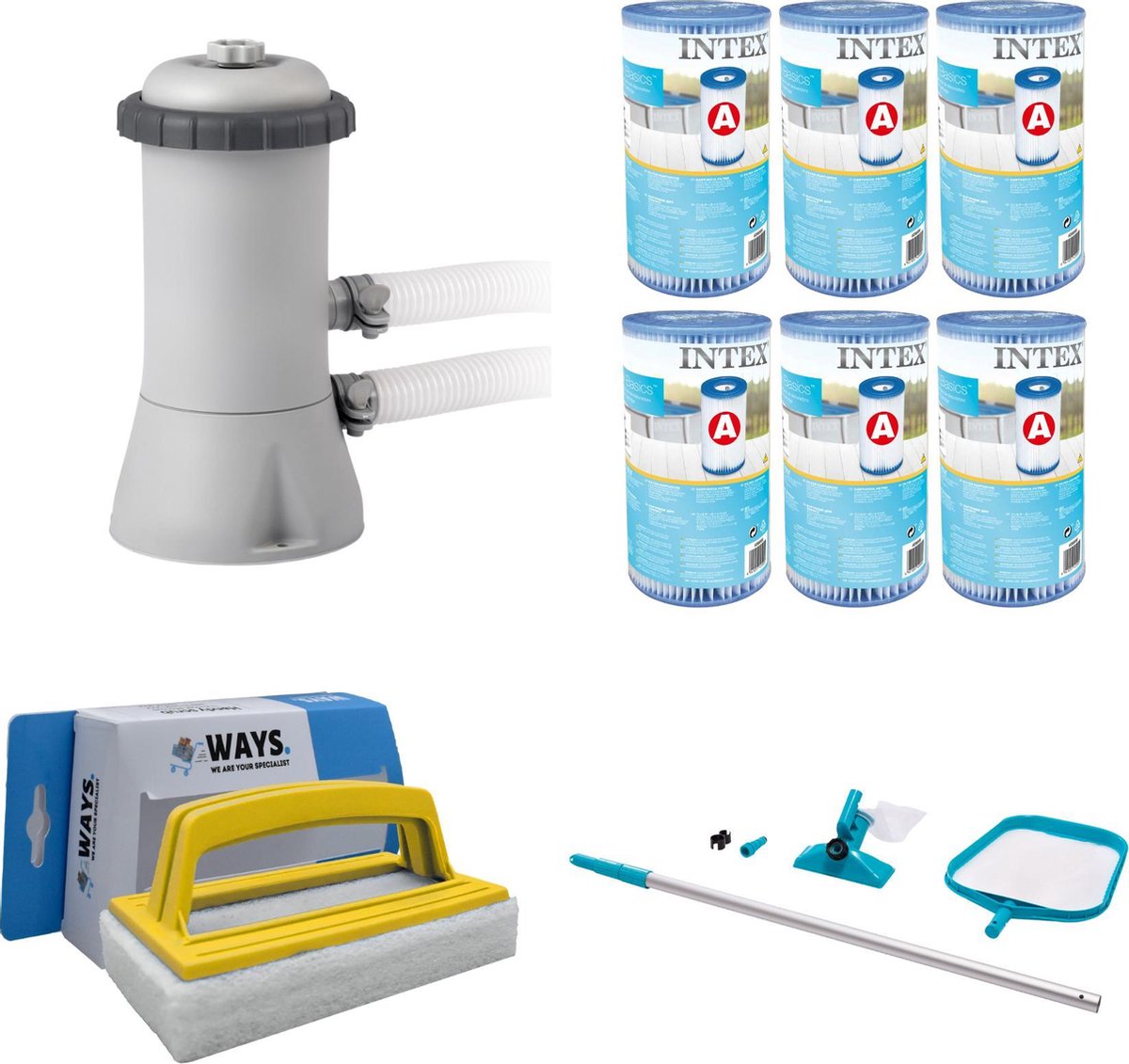 WAYS - Zwembad Onderhoud -   Onderhoudsset &   Filterpomp 28604GS & 6   Filters Type A & WAYS Handy Scrubborstel