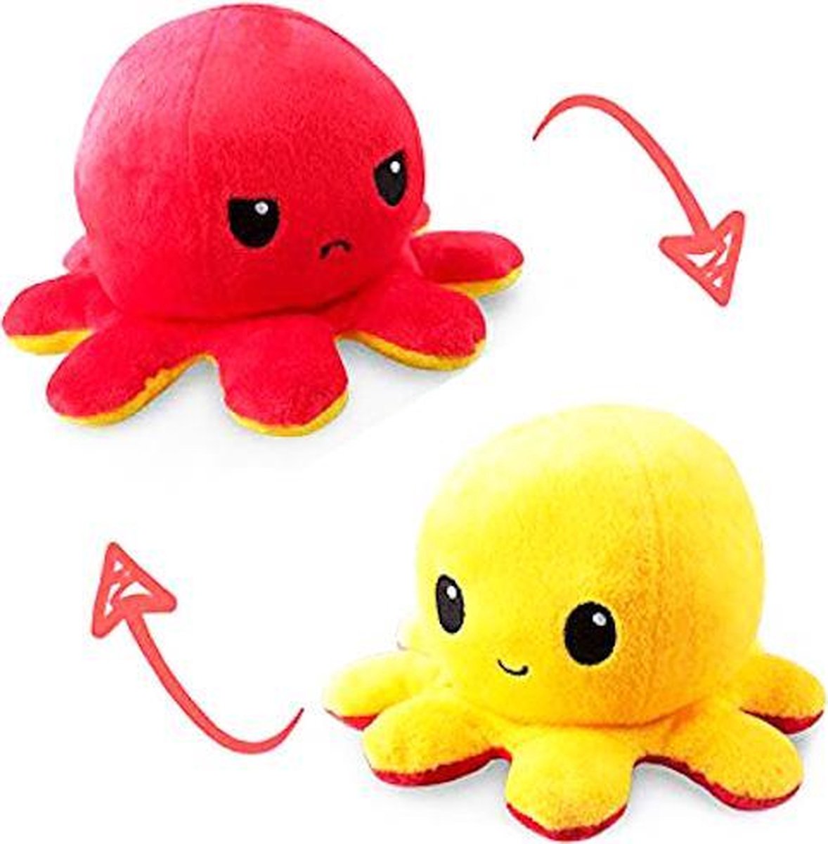 TIRO lifestyle Octopus Knuffel Omkeerbaar Boos En Blij Emoties - Knuffelbeer - Speelgoed– Rood/Geel – Kerst – Cadeautip