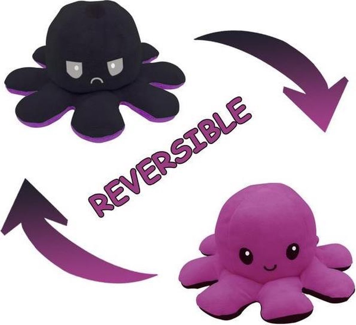 TIRO lifestyle Octopus Knuffel Omkeerbaar Boos En Blij Emoties - Knuffelbeer - Speelgoed– Zwart/Paars – Kerst – Cadeautip