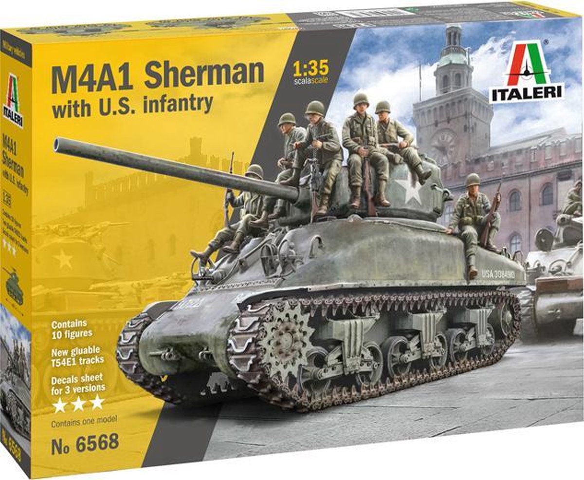 Italeri M4A1 Sherman with U.S. infantry + Tamiya lijm