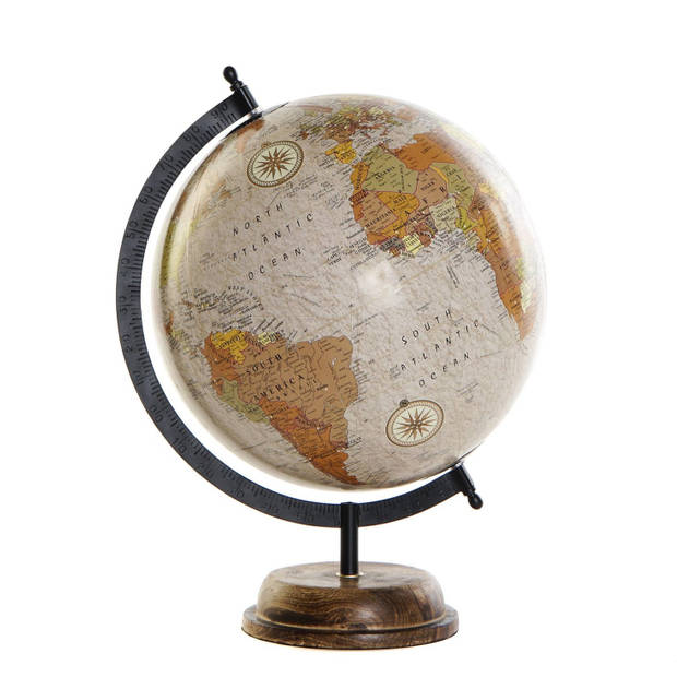 Decoratie wereldbol/globe beige op houten voet 28 x 37 cm - Wereldbollen