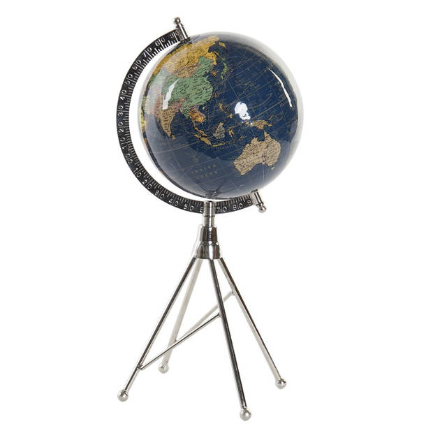 Decoratie wereldbol/globe donkerblauw op metalen voet 18 x 38 cm - Wereldbollen