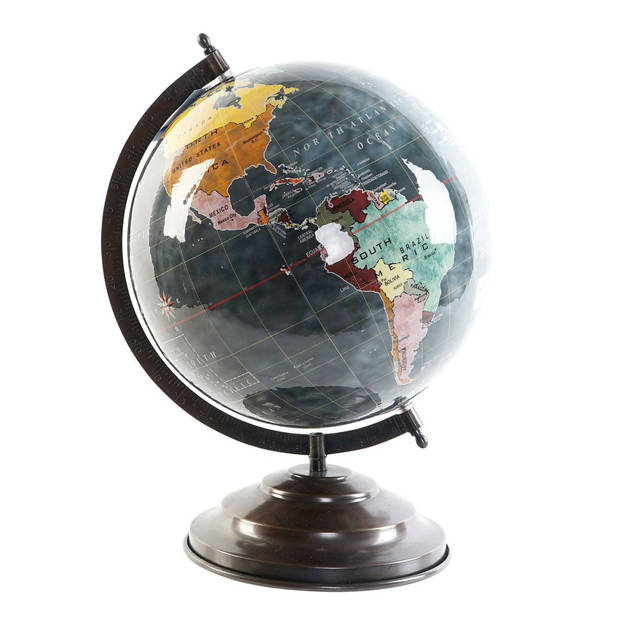 Items Deco Wereldbol/globe op voet - kunststof - grijs/zwart - home decoratie artikel - D25 x H35 cm - Wereldbollen