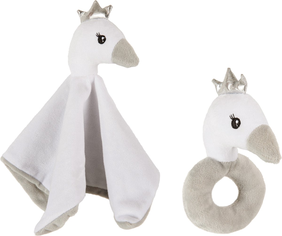 J-Line Doudou+Rammelaar Pluche Wit/Grijs/Zilver