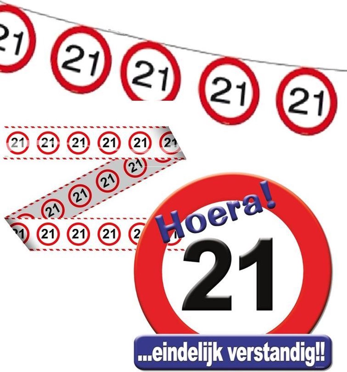 Feest pakket versiering 21 jaar verkeersbord – 3delig