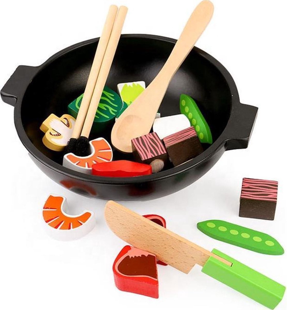 JAP Toys - Gecertificeerd Houten Speelgoed 20delig Wok set- Eten en Drinken - Keukenaccessoires