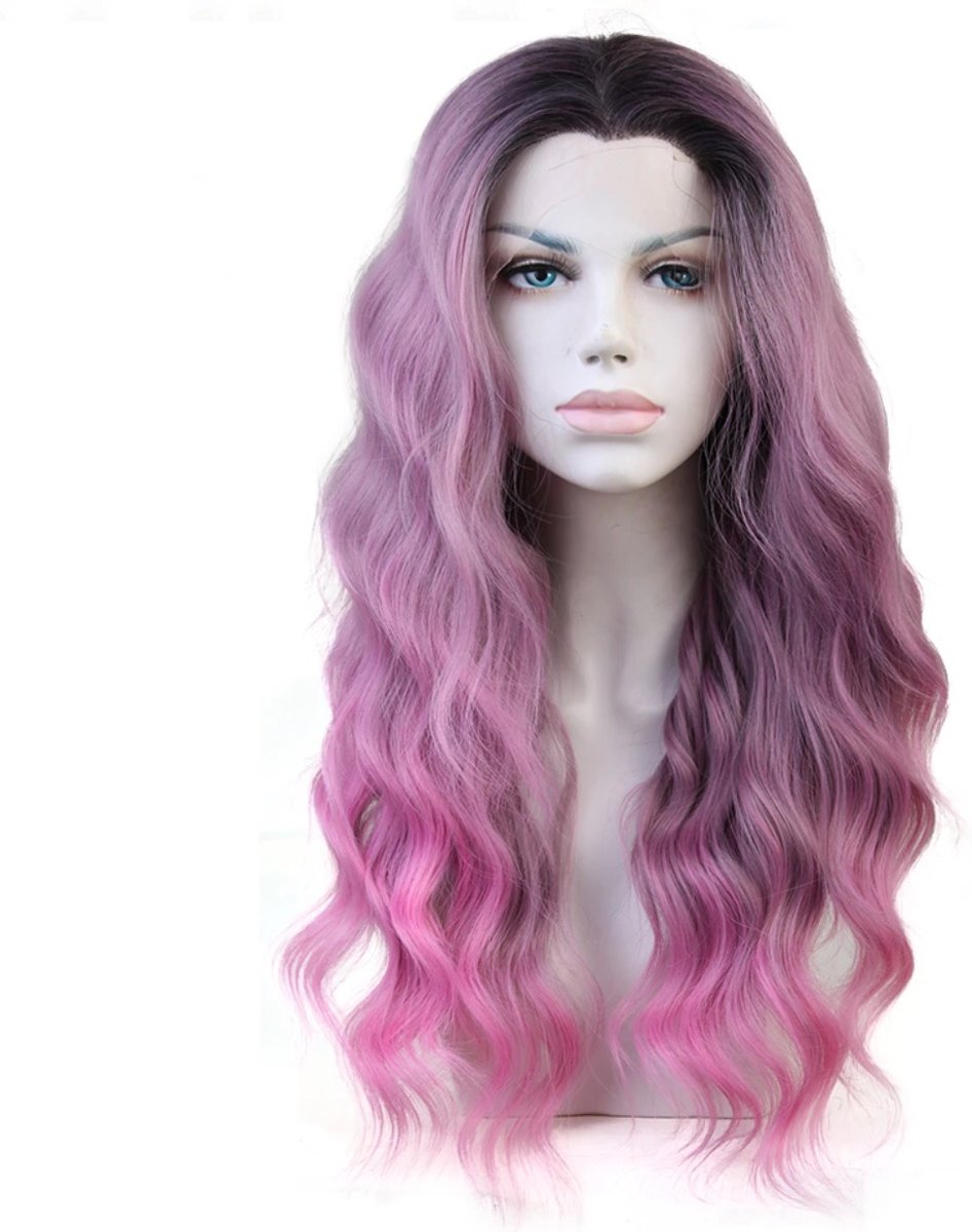 Rosy Synthetische hair frontlace wig body wave kleur:ombre roze 45cm