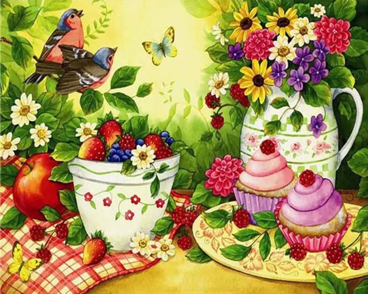 Diamond Painting – Picknick tussen de bloemen en vogels - 30x40 cm - Complete painting