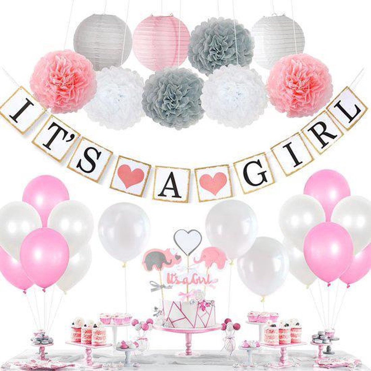 JDBOS ® Babyshower versiering meisje - feestpakket L - banner its a boy - pompoms - ballonnen