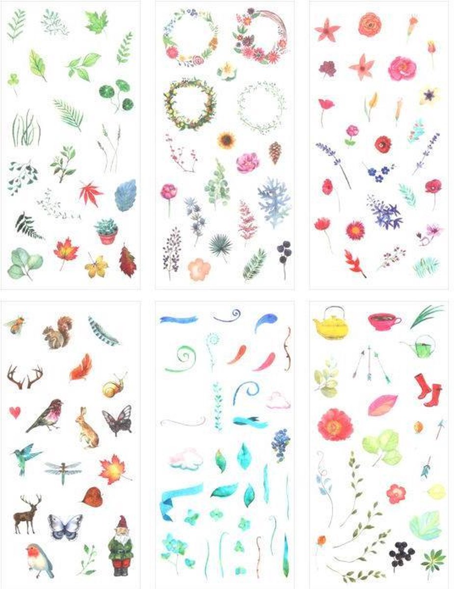 JDBOS ® Bullet journal stickers set – Dieren, bloemen en bladeren – 6 vellen - Scrapbook accessoires