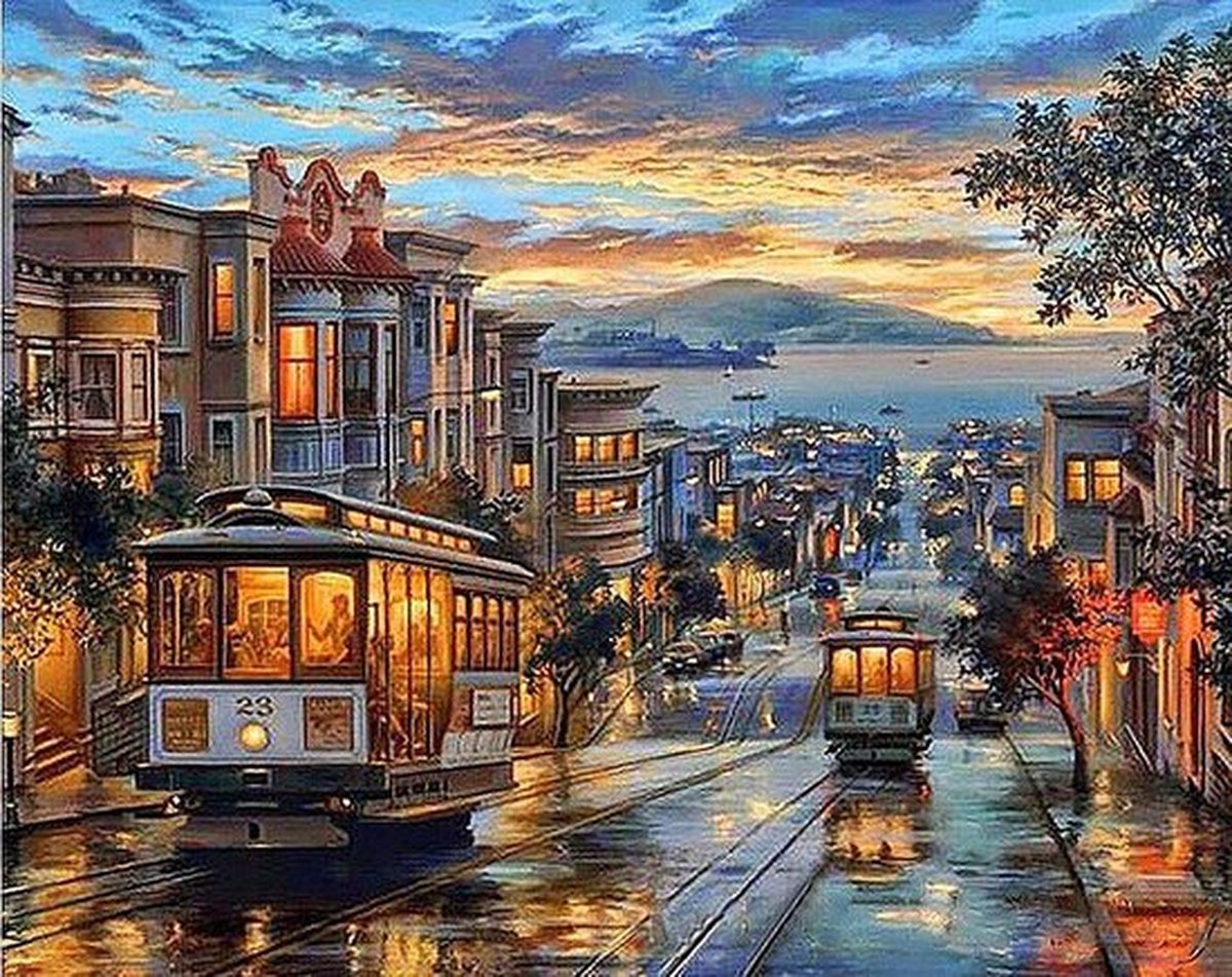 JDBOS ® Schilderen op nummer Volwassenen - Trams in San Francisco - Verven volwassenen - 40x50 cm