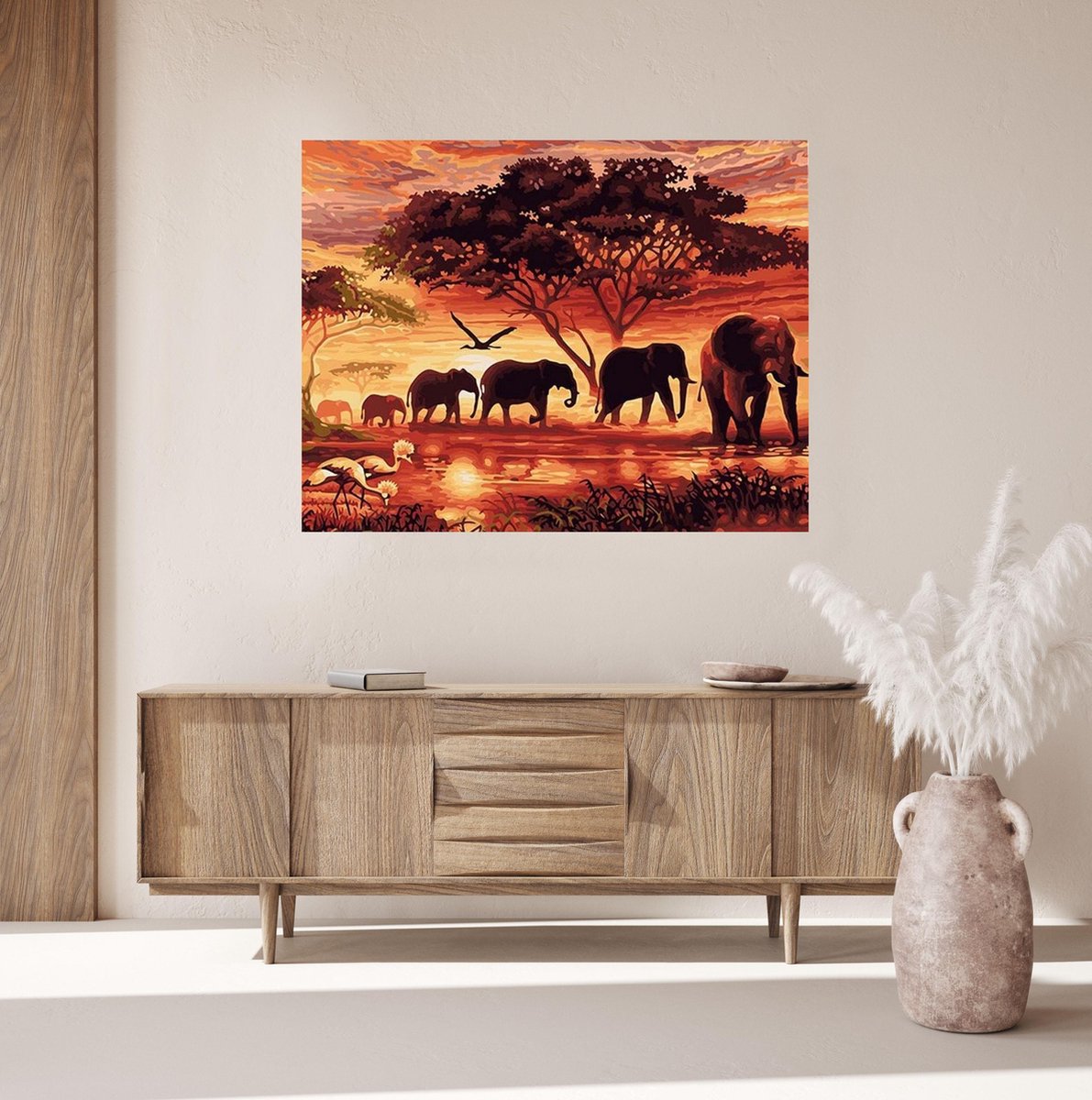 JDBOS ® Schilderen op nummer met frame (hout) - Olifanten met ondergaande zon - Verven volwassenen - 40x50 cm