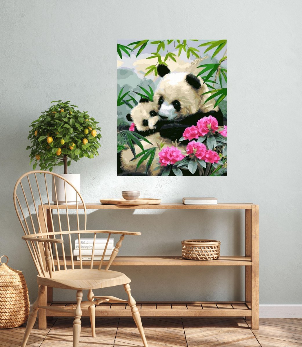 JDBOS ® Schilderen op nummer met frame (hout) - Panda moeder met kleintje - Verven volwassenen - 40x50 cm