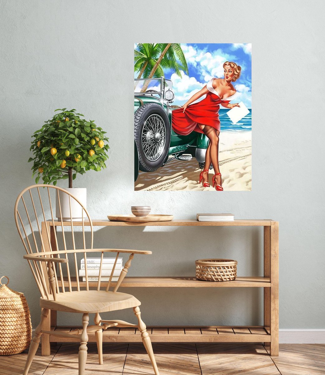 JDBOS ® Schilderen op nummer met frame (hout) - Sexy vrouw met jeep – Strand - Verven volwassenen - 40x50 cm