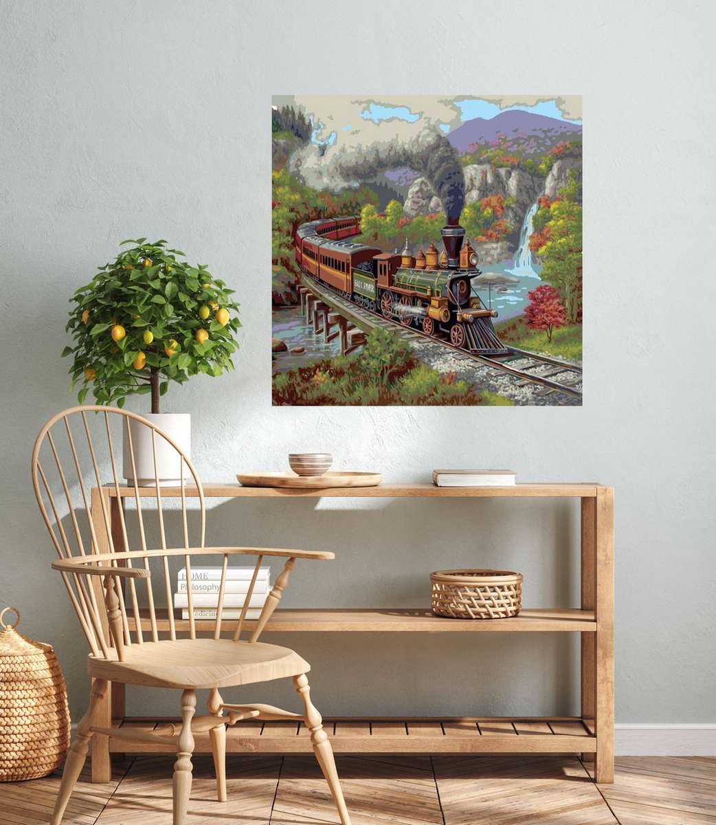 JDBOS ® Schilderen op nummer met frame (hout) - Stoomtrein door de bergen - Trein - Verven volwassenen - 40x50 cm