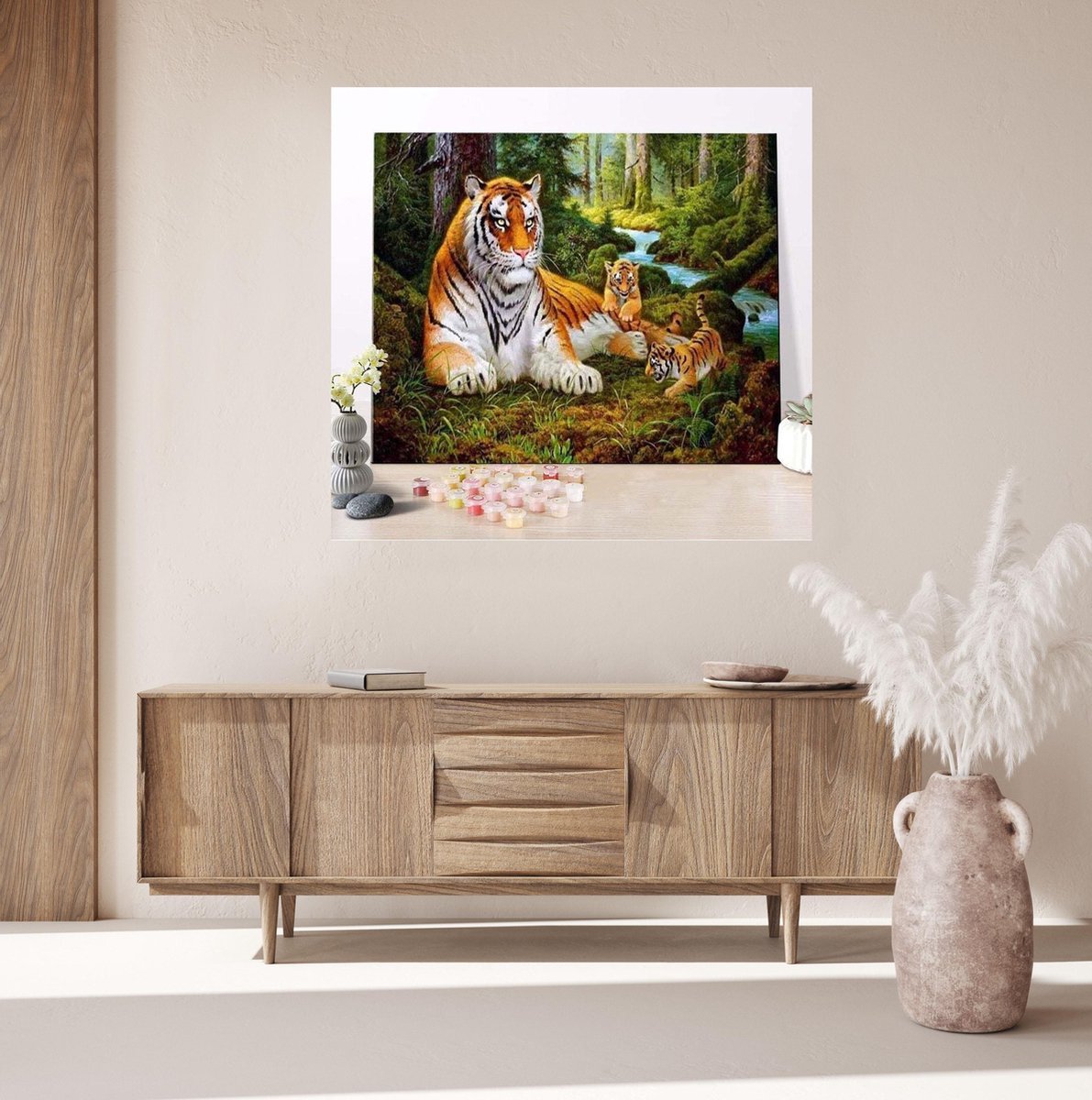 JDBOS ® Schilderen op nummer met frame (hout) - Tijger met welpen - Verven volwassenen - 40x50 cm