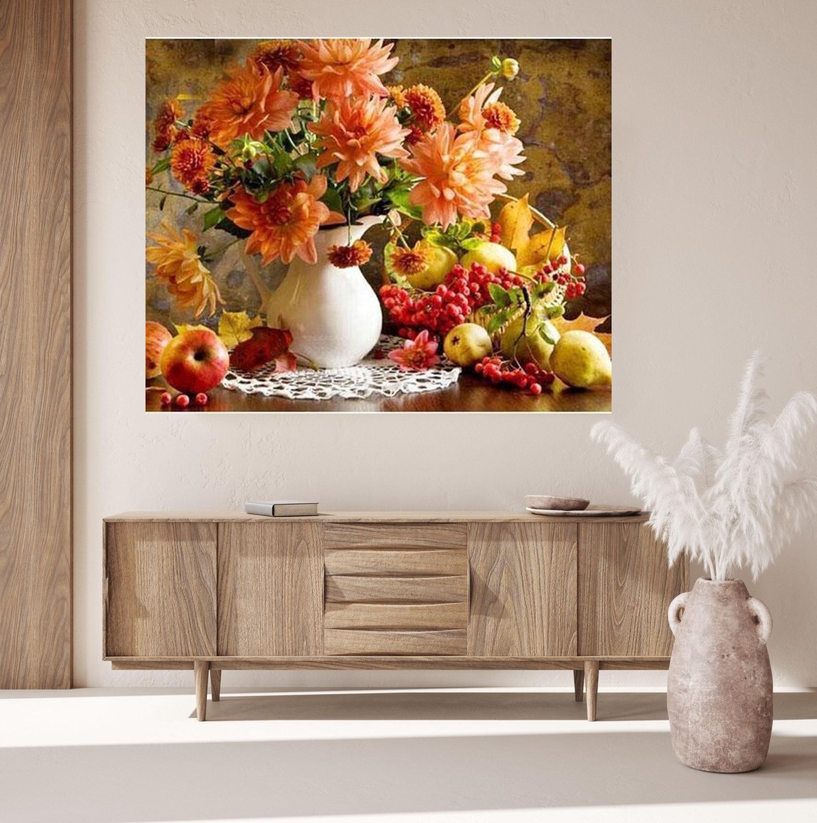 JDBOS ® Schilderen op nummer met frame (hout) – Bloemen in vaas met vers fruit - Verven volwassenen - 40x50 cm