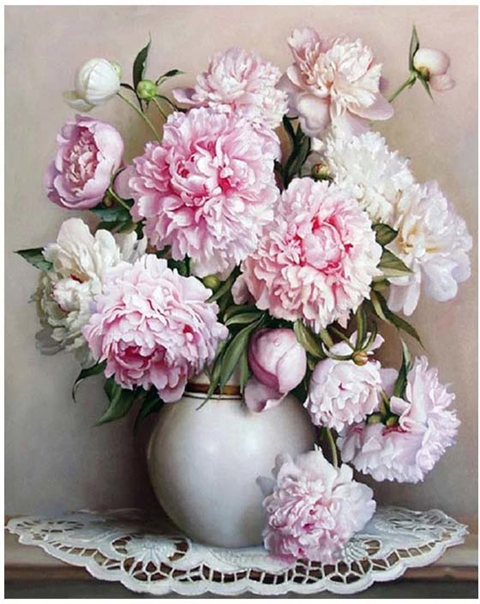 Schilderen op nummer - Witte en roze bloemen in vaas - 40 x 50 centimeter