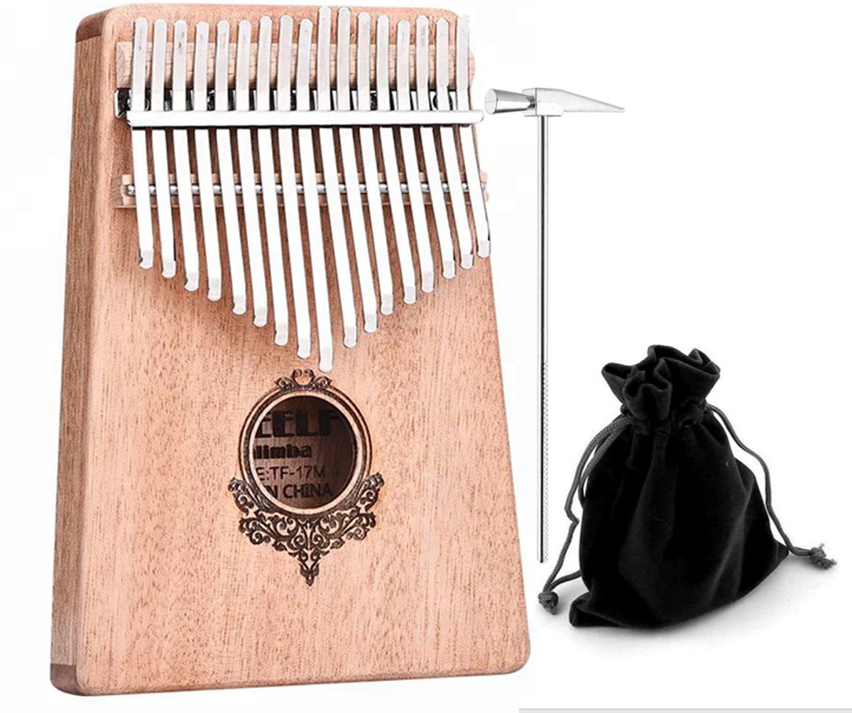 Kalimba – Duimpiano 17 Tonen - Afrikaans Muziekinstrument – Met Stemhamer + Travelsize Opbergtasje - Lichtbruin - JENGO®