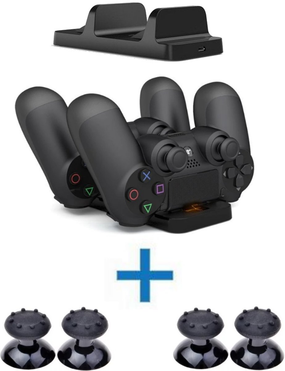 Controller Dock Charger Oplaad Station Voor PS4 + 4 Thumb Grips Bundel - Playstation 4 USB Docking Op Laadkabel - Laadstation + 4 Thumb Grips Zwart PS4