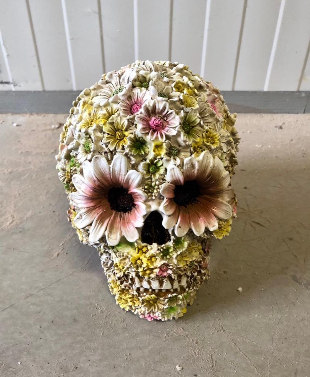 Skull schedel bloemen spaarpot Beeld homedecoration woondecoratie kleur flowers