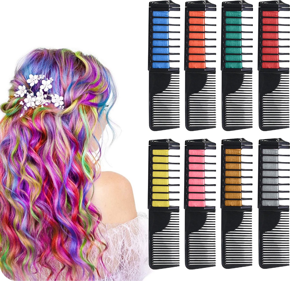 JT Products Haarkrijt Inclusief Kam – Haar Krijt Voor Kinderen - Haarkrijt Inclusief Kam - Hair Chalk 8 Kleuren – Haarverf – Haarmascara - Kinderfeestje – Feestje