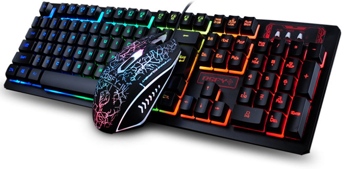 Professionele Gaming Keyboard + Muis Set K-13 - USB Bedraad - 104 Toetsen Regenboog LED Backlit Multimedia Ergonomisch Gamer Toetsenbord + 2400 DPI 4 Knoppen Optical Game Muizen - Led Verlichting 6 Kleuren - Game - USB Aansluiting - Qwerty