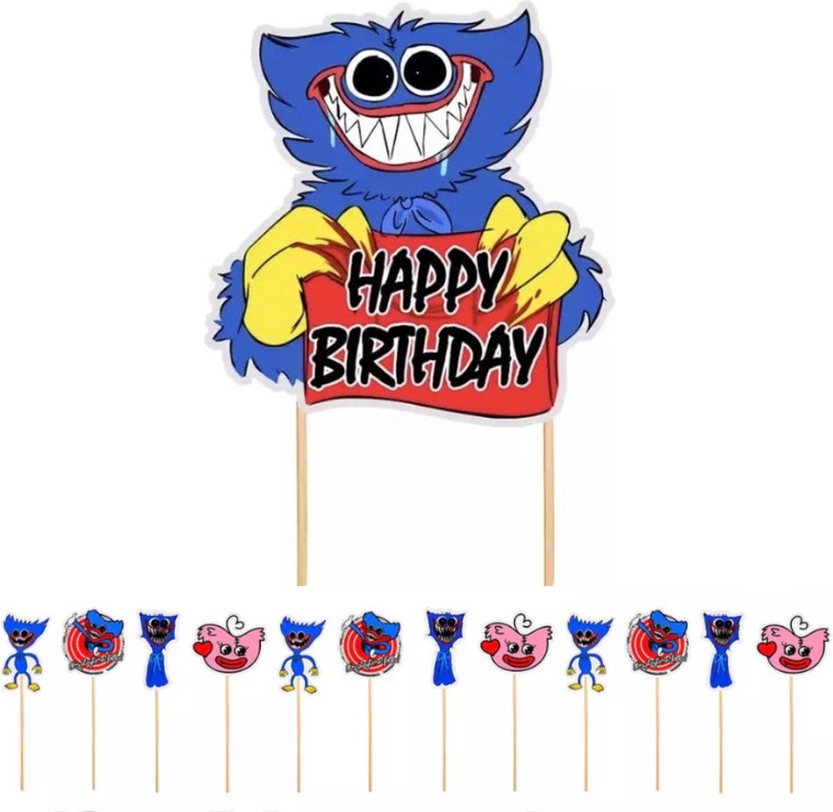 Huggy Wuggy Taart Decoratie Set - 1 Taart topper en 12 Cupcake Toppers - Taart Topper Happy Birthday - Cupcake Toppers - Kissy Missy - Poppy Playtime - Taart Versiering - Verjaardag Versiering - Cupcake Decoratie- Verjaardag Jongen Meisje