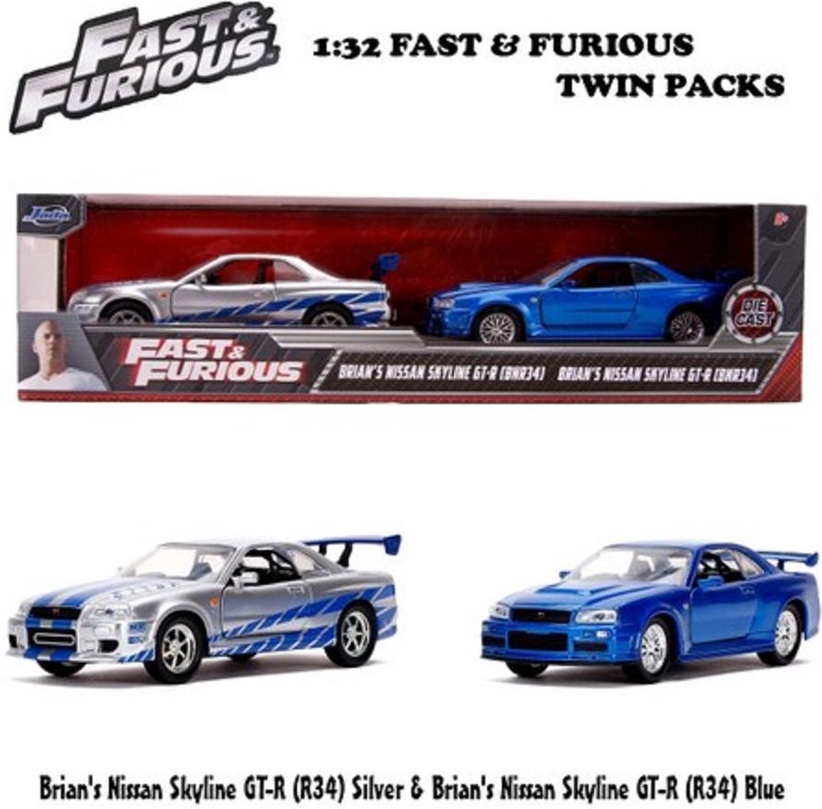 Fast and the Furious Set Nissan Skyline GTR R34 V-Spec II Blue 1999 & Nissan Skyline GTR R34 Silver 2002 1-32 Jada Models