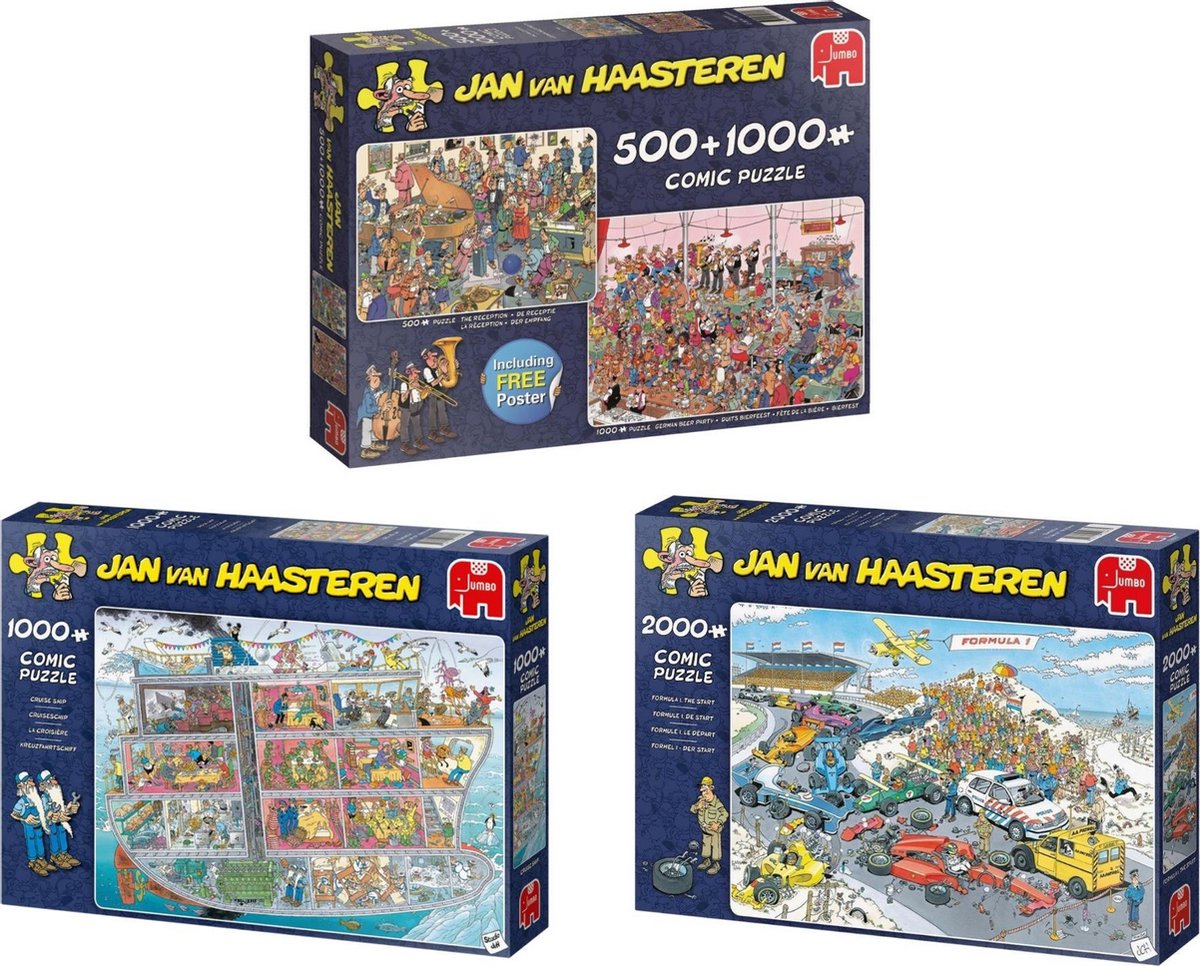 Jan van Haasteren - 2in1 Feestje! 1500 stukjes& De Formule 1 2000 stukjes & Cruise Ship 1000 stukjes