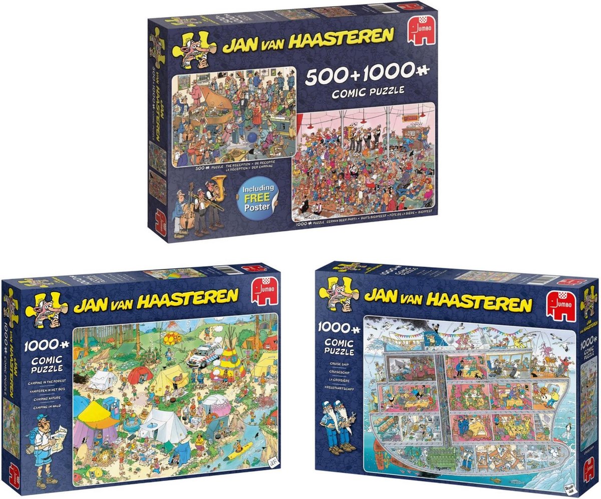 Jan van Haasteren - 2in1 Feestje! 1500 stukjes & Cruise Ship 1000 stukjes & Kamperen 1000 stukjes