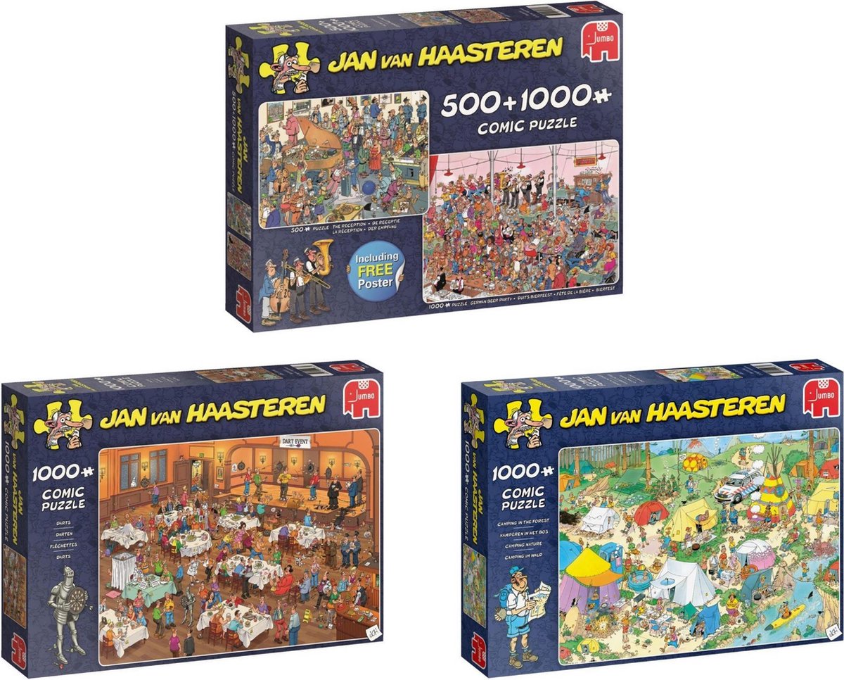 Jan van Haasteren - 2in1 Feestje! 1500 stukjes & Darts 1000 stukjes & Kamperen 1000 stukjes