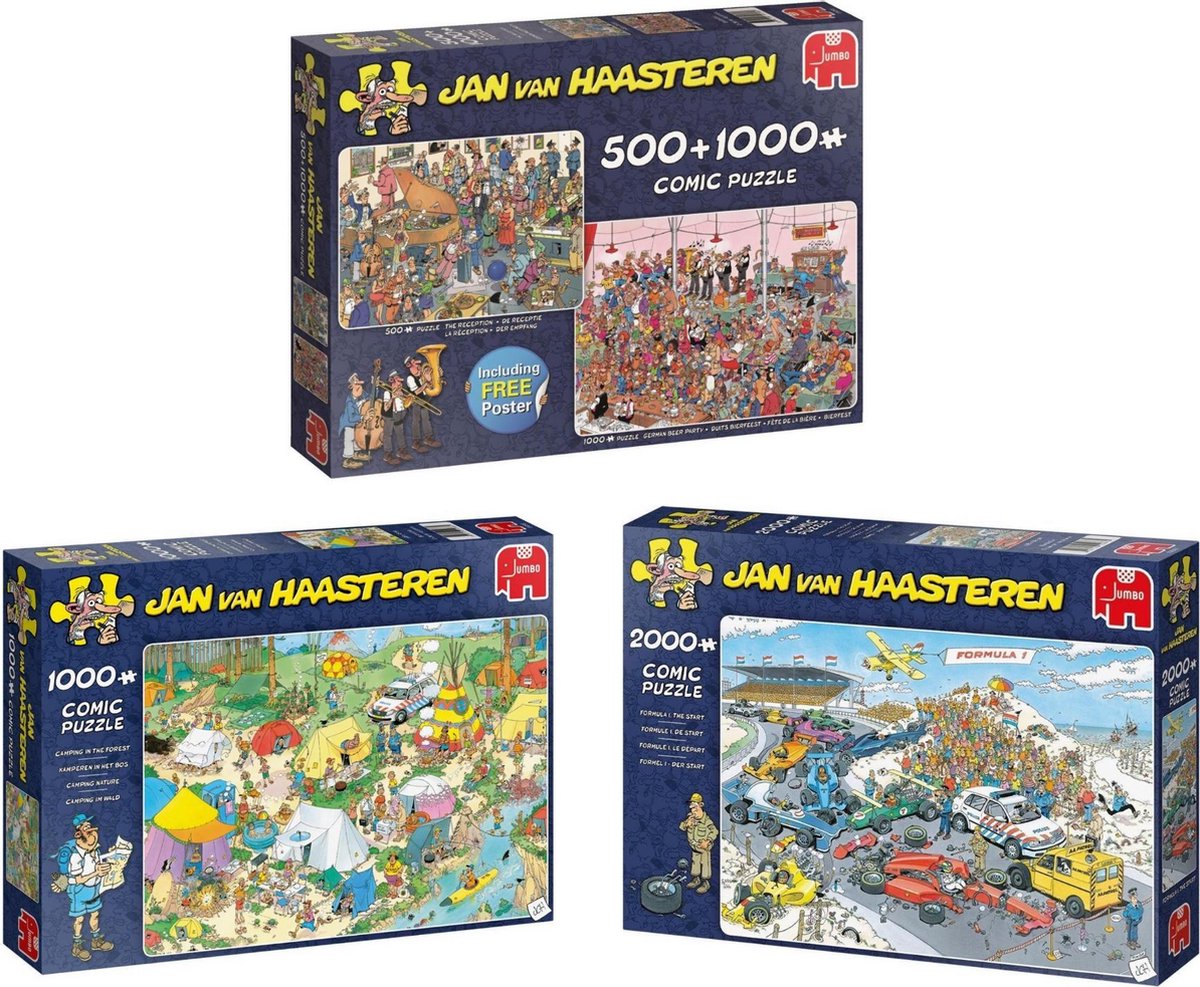 Jan van Haasteren - 2in1 Feestje! 1500 stukjes & De Formule 1 2000 stukjes & Kamperen 1000 stukjes