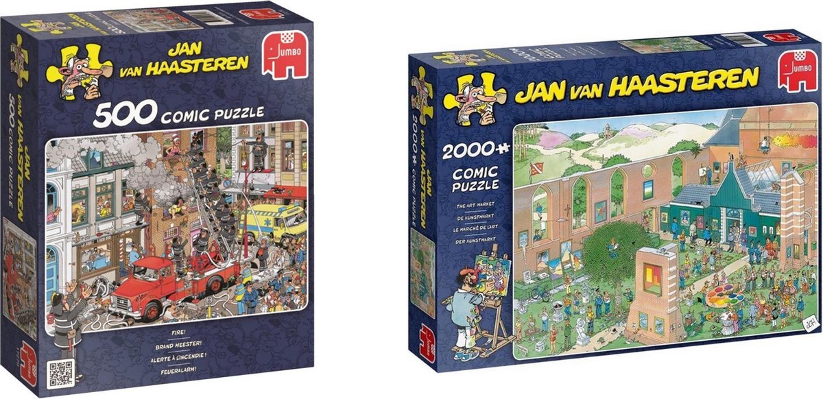 Jan van Haasteren - Puzzelset - Brand Meester 500 stukjes & De Kunstmarkt 2000 stukjes