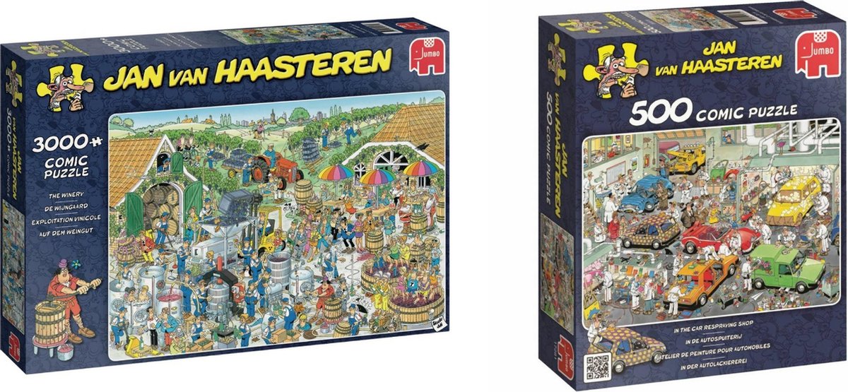 Jan van Haasteren - Puzzelset - De Wijnmakerij 3000 stukjes & In de Autospuiterij 500 stukjes