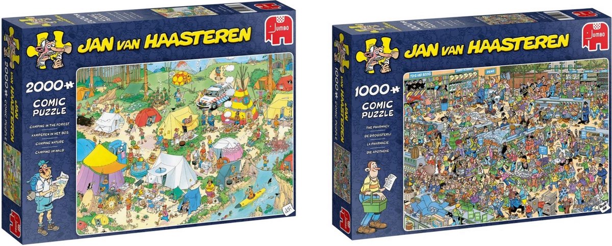 Jan van Haasteren - Puzzelset - Kamperen in het Bos 2000 stukjes & Drogisterij 1000 stukjes