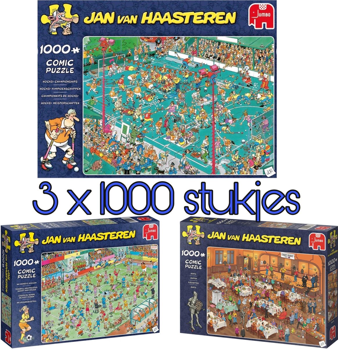 Jan van Haasteren voordeelset 3 : DARTS 1000, WK VROUWENVOETBAL 1000, HOCKEYKAMPIOENSCHAPPEN 1000