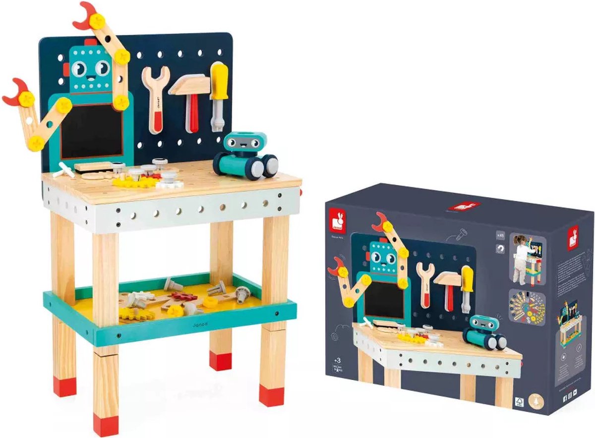   BricoKids - Grote Robotwerkbank - Met 3 Magnetische Houten Gereedschappen En Meer Dan 40 Onderdelen Om In Elkaar Te Zetten - In Hoogte Verstelbaar, Met Bankschroef En Opbergruimte - Geschikt Vanaf 3 Jaar