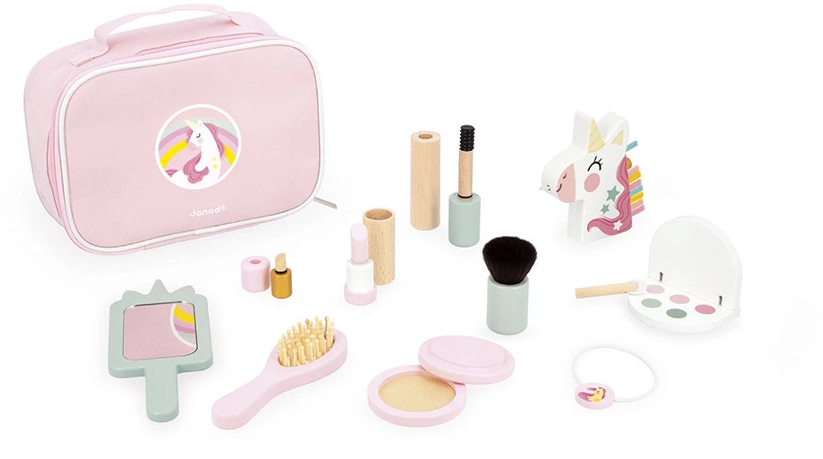   Unicorn - Beauty Case - Set Van 10 Houten Make-Up Accessoires Om Jezelf Op Te Maken - Mooie Etui Met Rits Om Alles In Op Te Bergen - Geschikt Vanaf 3 Jaar