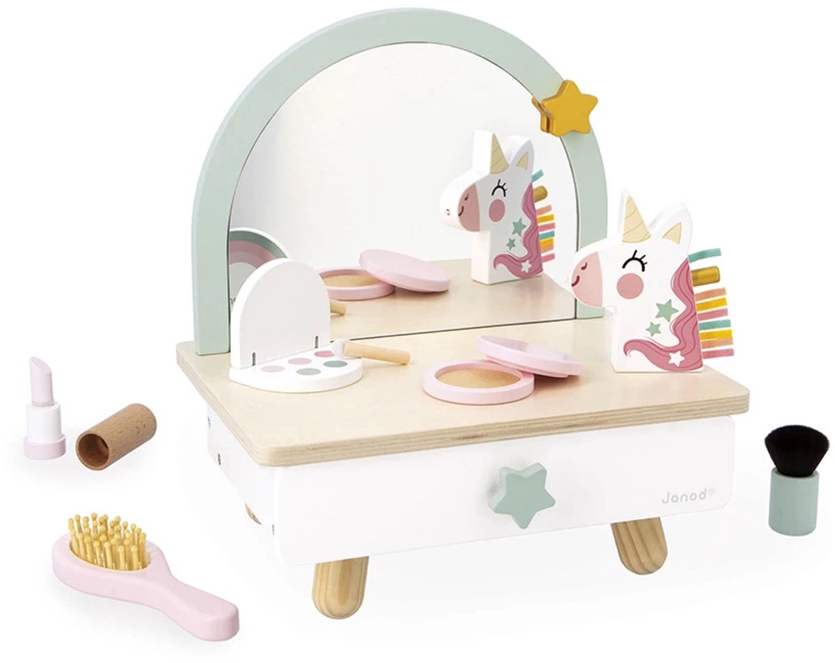   Unicorn - Eenhoorn Houten Kaptafel - Kinderspeelkaptafel Inclusief 7 Accessoires, Voor Een Magische Look - Handig Tafelmodel - Geschikt Vanaf 3 Jaar