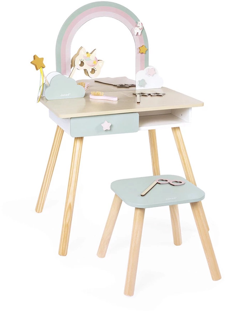   Unicorn - Houten Kaptafel Met Accessoires - Met Geheim Luik Om Je Schatten Te Verbergen - Inclusief 10 Accessoires, Voor Een Fantastische Look - Geschikt Vanaf 3 Jaar