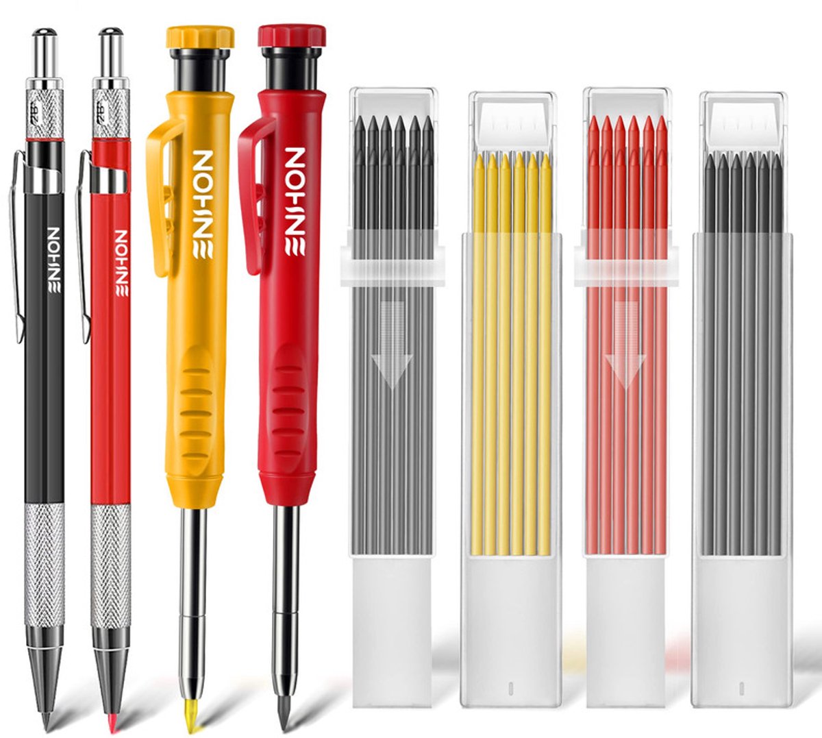 JeiibrZui 1 set timmermanspotlood - diepgatmarker met 2,0 mm grafiet - inclusief 2 engineering pens en 2 diepgatmarkeringstiften - geschikt voor bouwplaats en houtbewerking