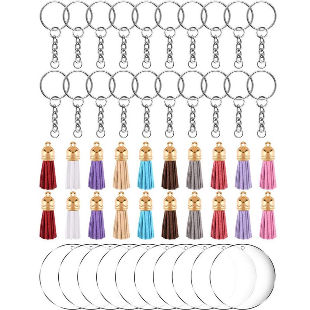 JeiibrZui Acryl Sleutelhangers - Kleurrijke Kwastjeshangers - Zelfgemaakte Sleutelhangerset - 30 Delen - Voor Knutselwerkjes - Transparant