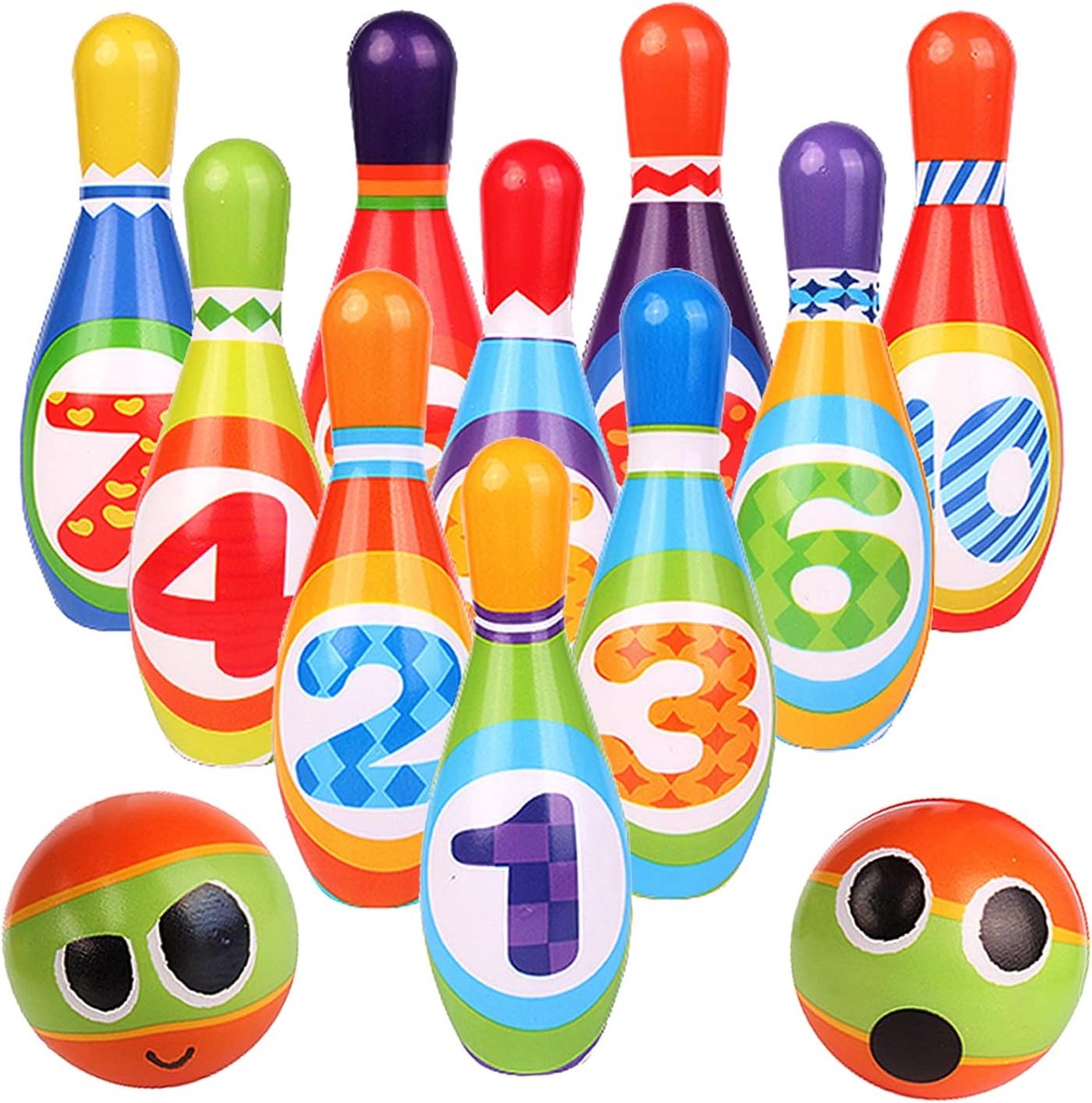JeiibrZui Bowlingset Voor Kinderen - Kinderbowlingset - Veilig Schuim Materiaal Echt Binnen Speelplezier - 12 Stuks - Voor Peuters Tot 12 Jaar Veelkleurig