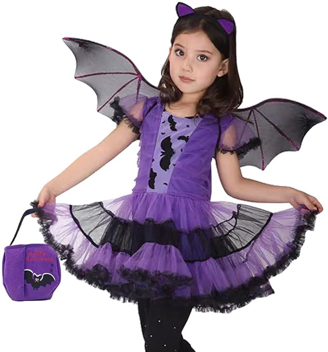 JeiibrZui Paars Halloweenkostuum Voor Meisjes - Vleermuis Kostuum Voor Meisjes - Inclusief Jurk Vleugels En Hoofdband Ademend Comfortabel - 1 Stuk - Cosplay Feesten Paars