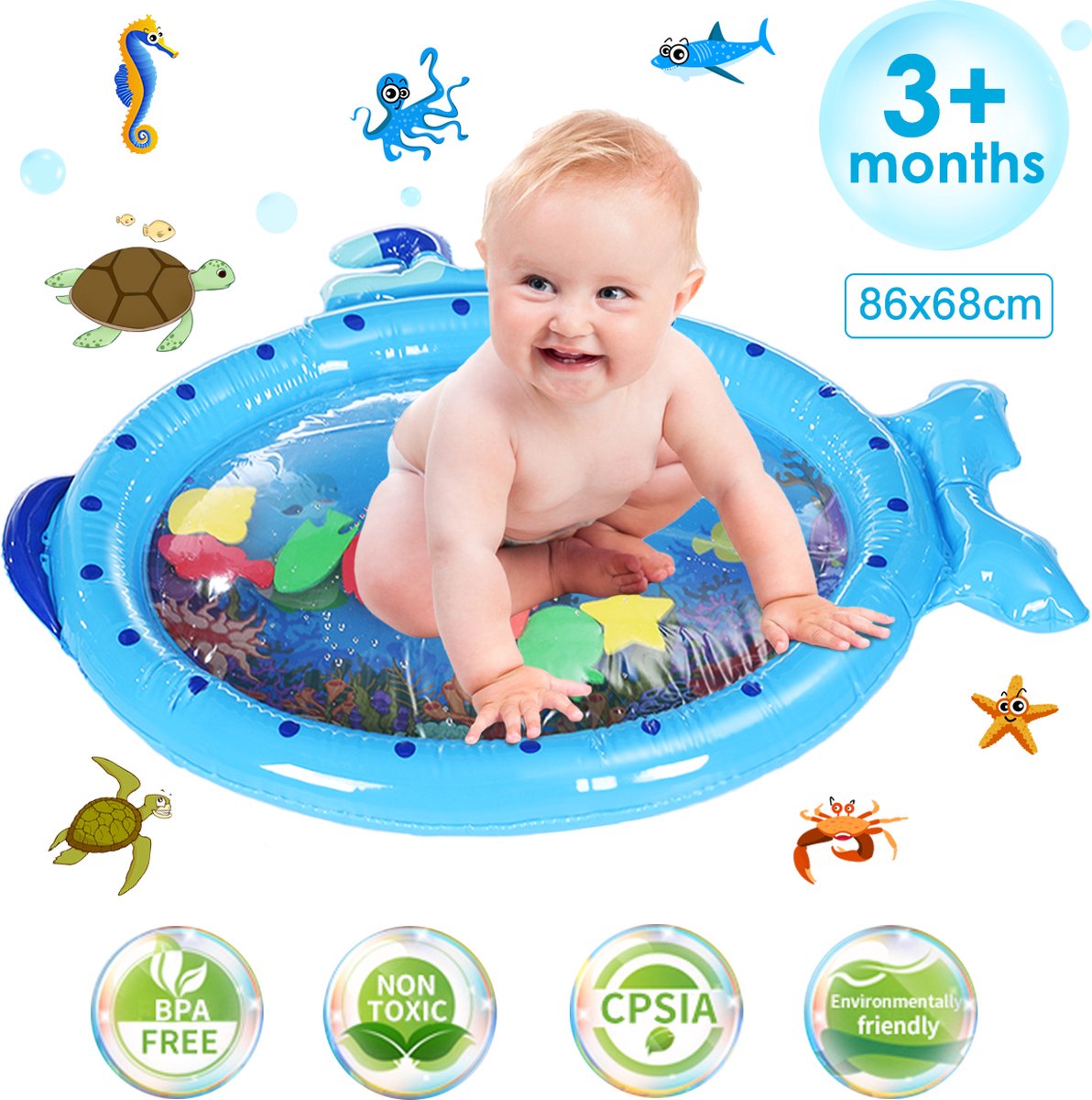 Jeteven Baby Water Speelkleden - Water Speelmat - Watermat voor babys -BPA-vrij -  Opblaasbaar Waterspeelgoed - Babygym Speelmat - voor baby sensorische ontwikkeling - Blauw