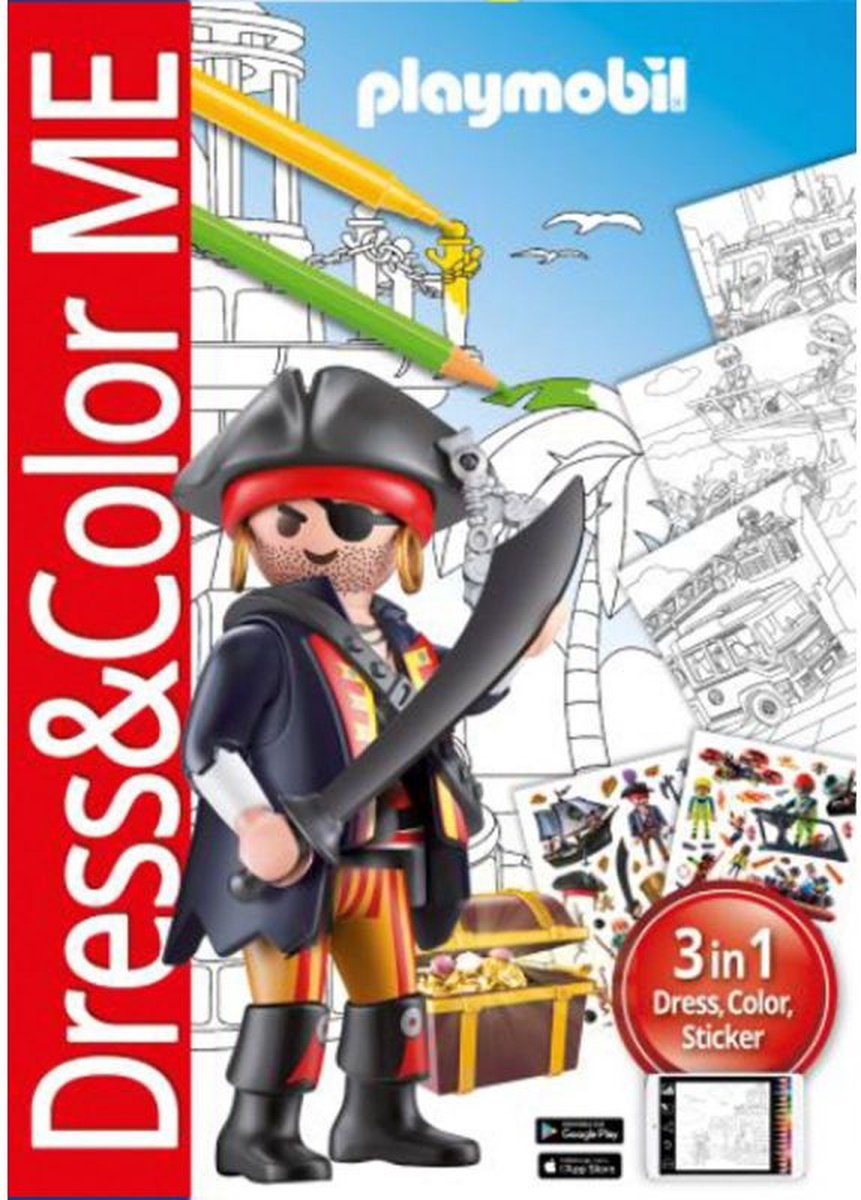 kleurboek playmobil - piraat - jongens - Dress&color me - 3 in 1 boek scan app kleur en sticker - met stickers - cadeau sinterklaas