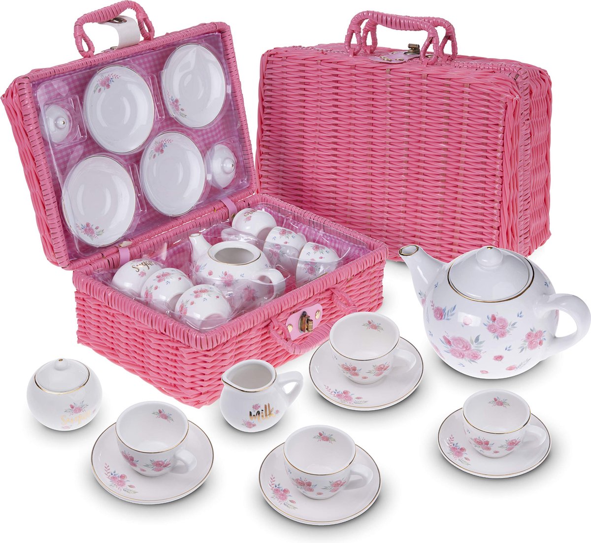 Jewelkeeper - Porseleinen theeset voor kleine meisjes met roze picknickmandje, speelkeuken voor kinderen, 13-delig - Bloemenontwerp