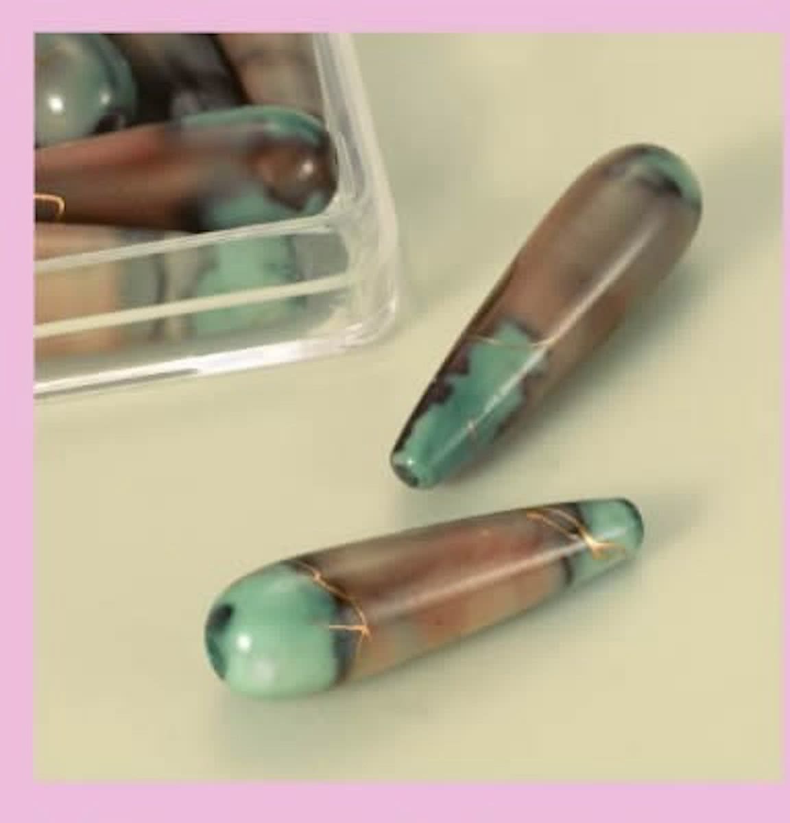 Oil Paint Beads water druppel 30 x 8 mm, 2 DOOSJES a  8 stuks, Zeegroen-Bruin.